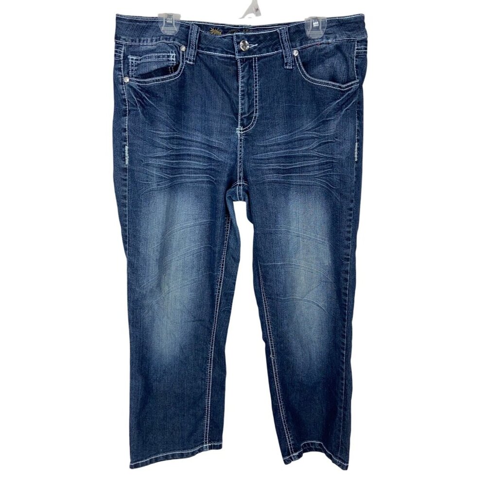 Womens Royalty Embellished Pocket Capri Jeans Size‎ 14 Distressed Denim Mid Rise